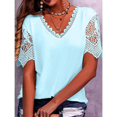 Women Summer Loose V Neck Lace tops